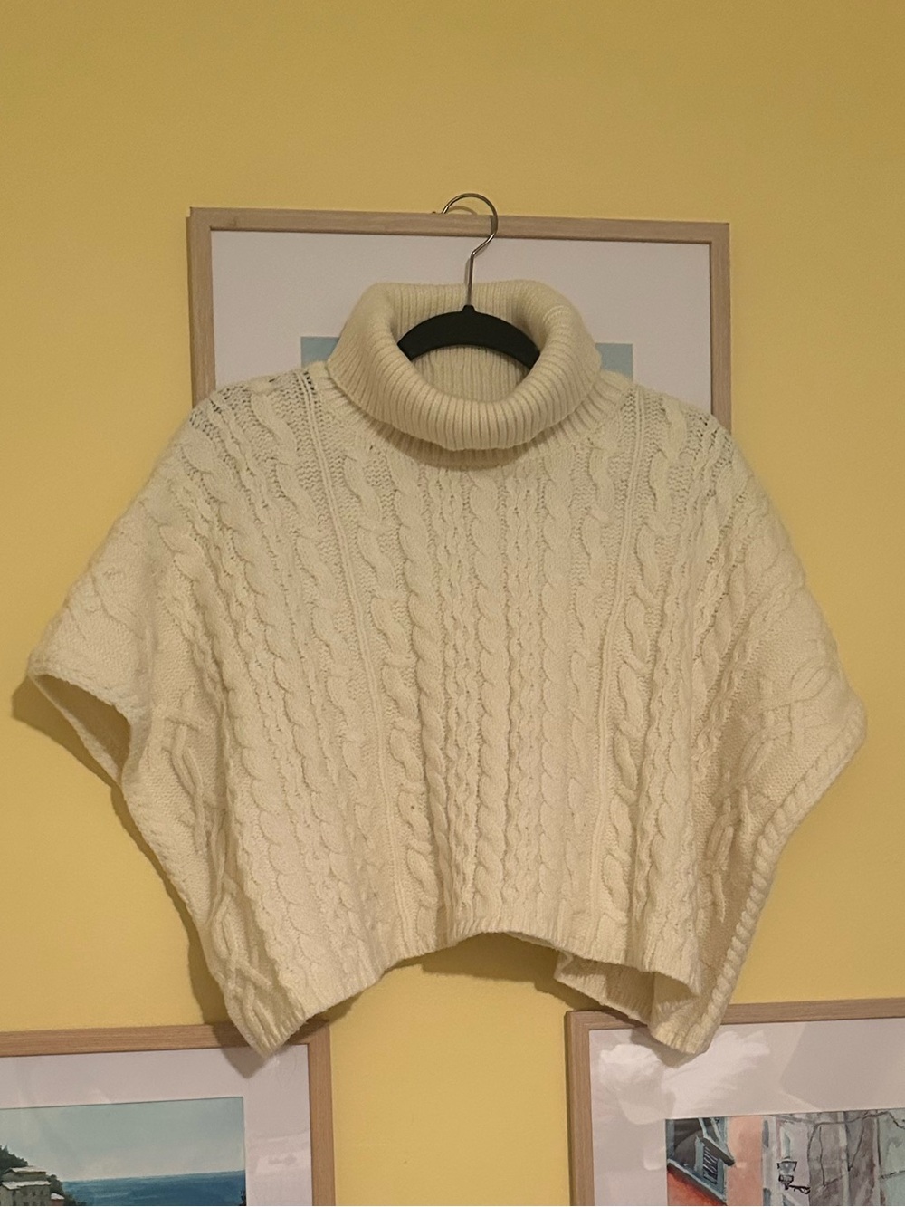 Cream Cable-Knit Turtleneck Poncho Sweater